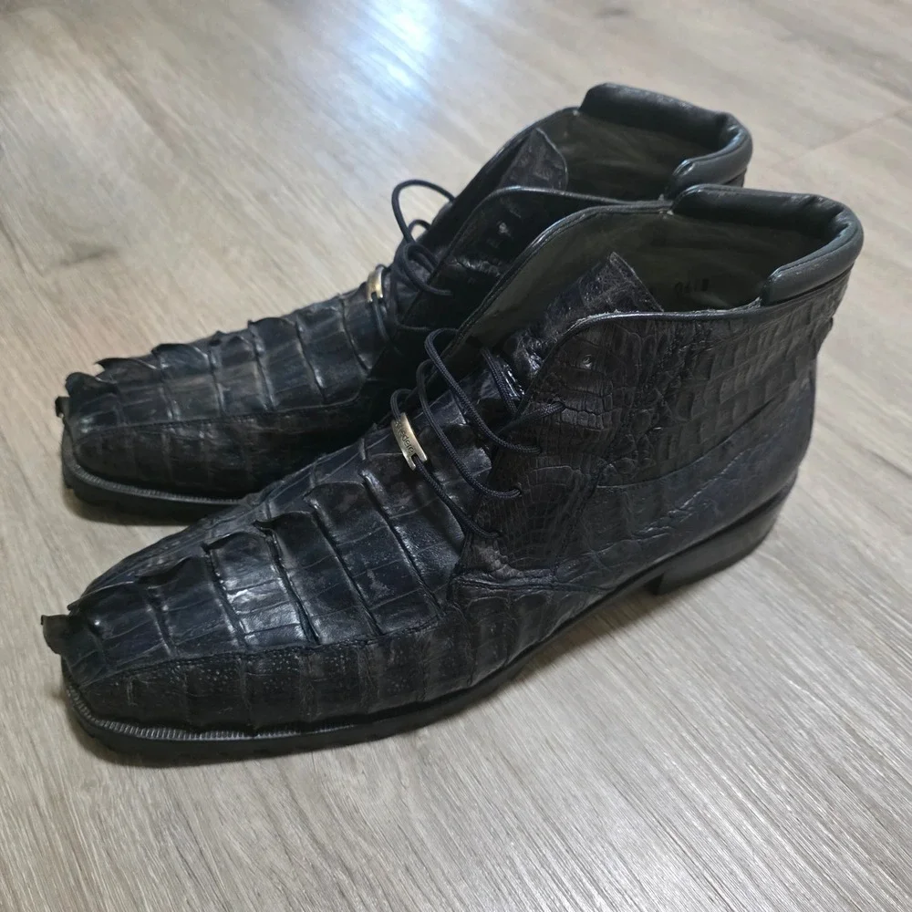 Belvedere Men Alligator Skin Hornback Ankle Boots Navy Blue Lug Sole Size 13 746